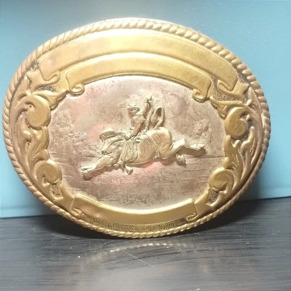 Vintage Western Belt Buckle Brass Silver Tone Cowboy Bucking Bronco Oval Rodeo